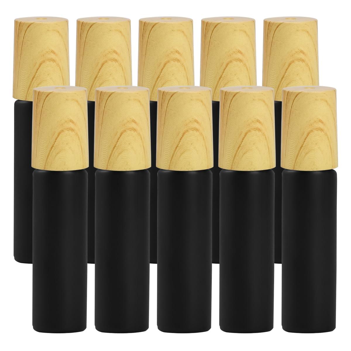 Frosted Glass Essential Oil Roller Bottles 10pcs Black Frosted Glass Roller Bottles with wood grain cap & Stainless Steel Roller Balls Essential Oil 10ml Empty Perfume Bottles(Black)