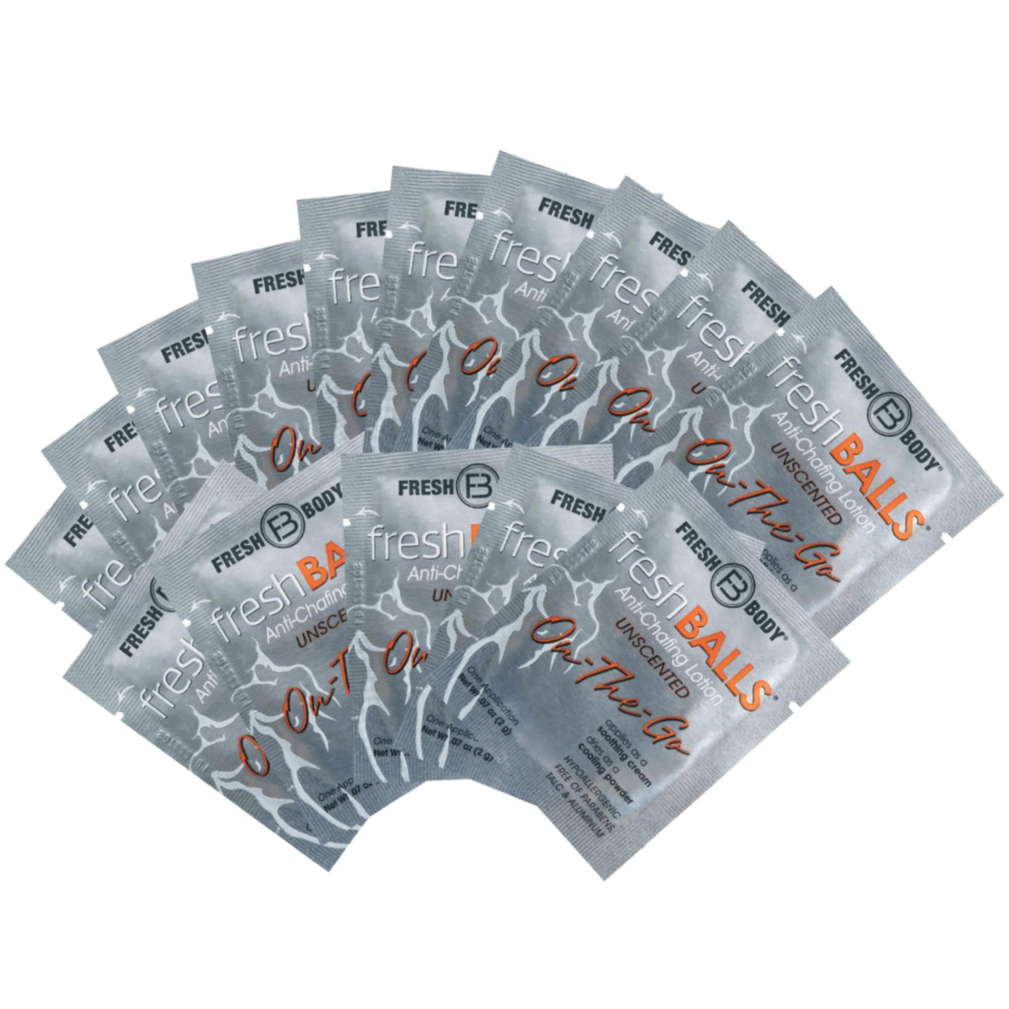 Fresh Balls On-The-Go Anti-Chafing Lotion 0.07 Fl Oz Travel Size Packet (60 Pack) - Men's Soothing Cream to Powder - Ball Deodorant and Hygiene for Groin Area 0.07 Fl Oz (Pack of 60)
