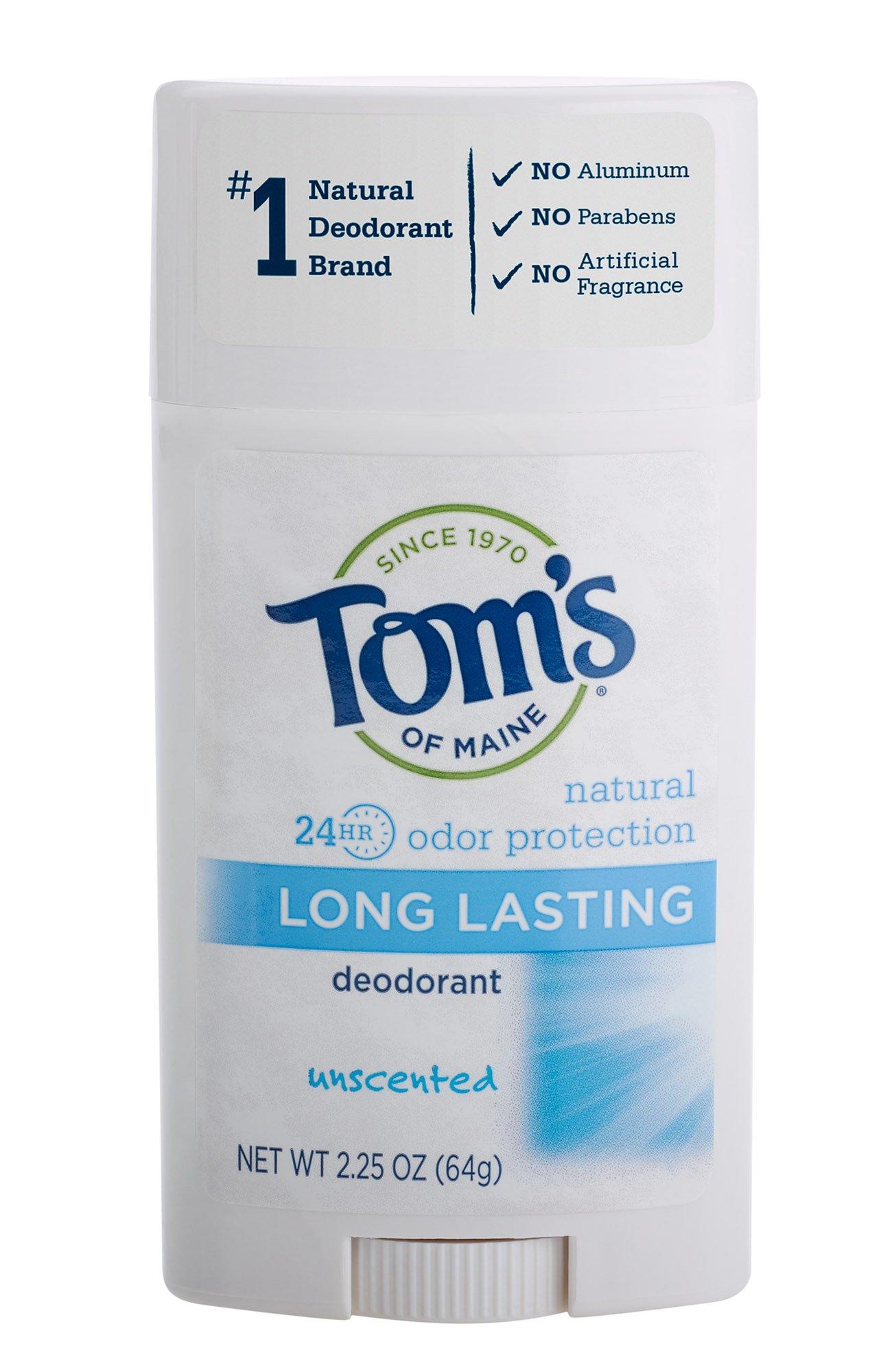 Tom's of Maine Natural Deodorant Stick  Aluminum Free  Long Lasting  Unscented  2.25 Ounce